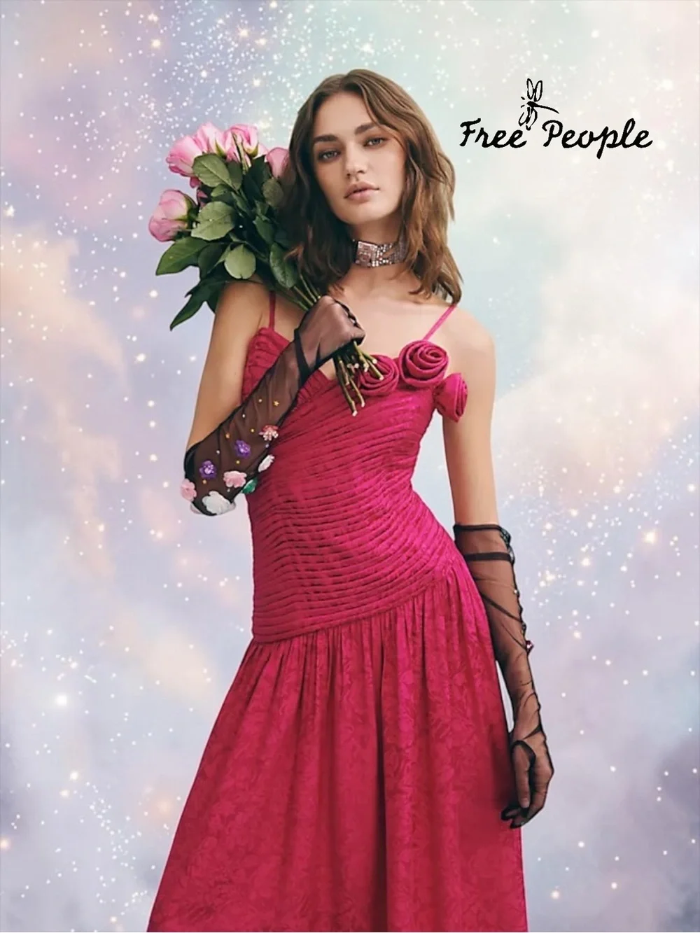 NWT Free People Make An Entrance Strapless Rosette Maxi Dress Fuchsia Size 8